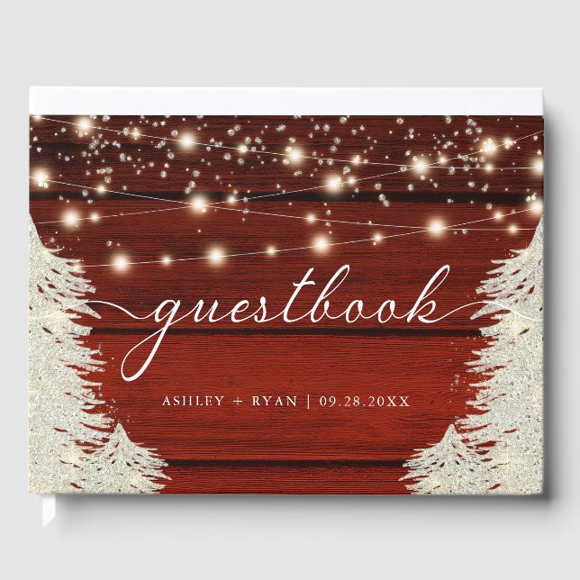Livro De Visitas Rustic Wood String Lights Tres Casamento Guestbook (Frente)