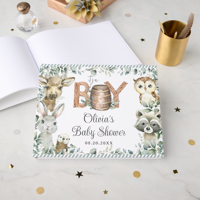 Livro De Visitas Rustic Woodland Animals Greenery Boy Baby Shower  (Frente aberta)