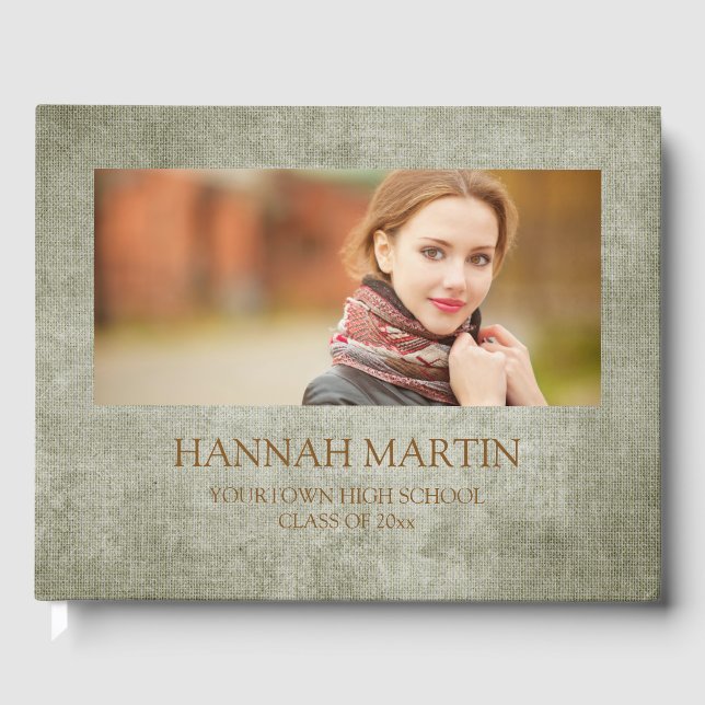 Livro De Visitas Rústica Sage Green Burlap Linen Graduação (Frente)