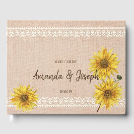 Livro De Visitas Rústico Lace & Burlap Sunflower Guestbook
