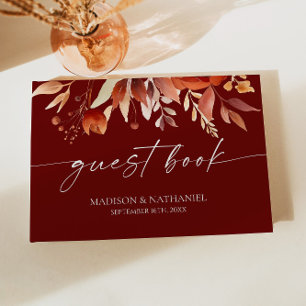 Livro De Visitas Rusty Burgundy Brown Floral Flower Casamento