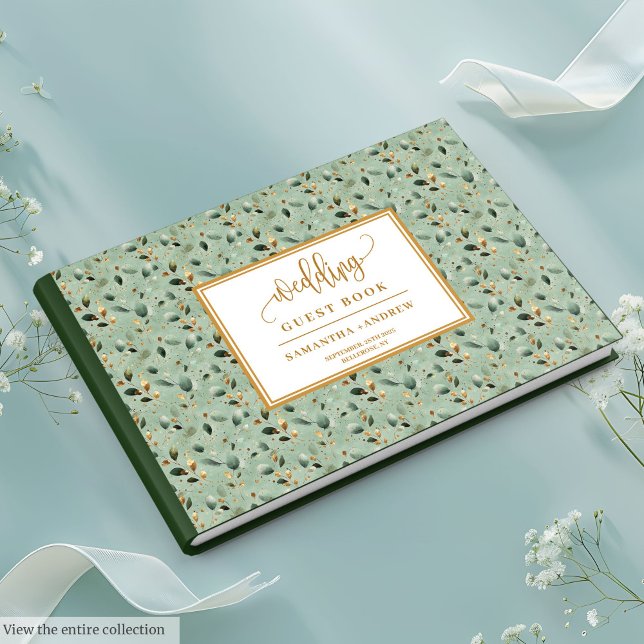 Livro De Visitas Sábio verde ouro eucalipto folhas casamento (Fairytale Sage Green And Gold Wedding Guest Book)