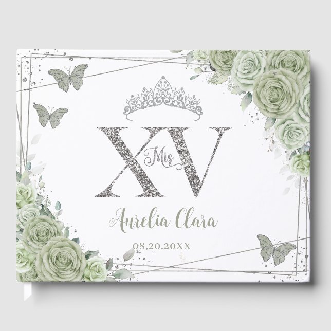 Livro De Visitas Sage Green Floral Butflies Silver Quinceañera (Frente)
