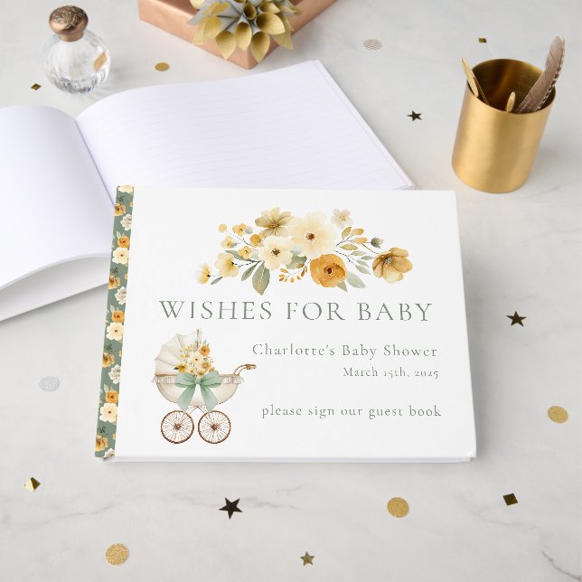 Livro De Visitas Sage Green Floral Carriage Baby Shower Guest Book (Frente aberta)