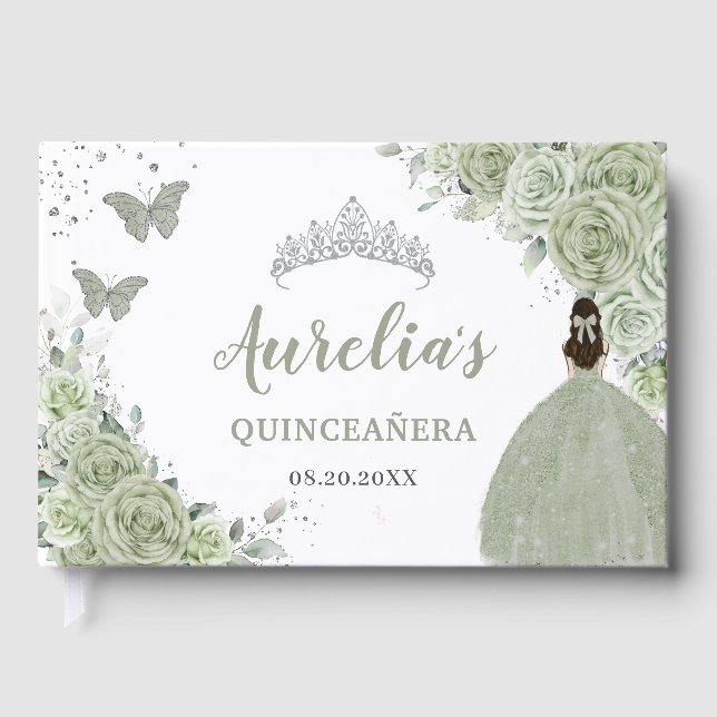 Livro De Visitas Sage Green Floral Rosa Princesa Silver Quinceañera (Frente)
