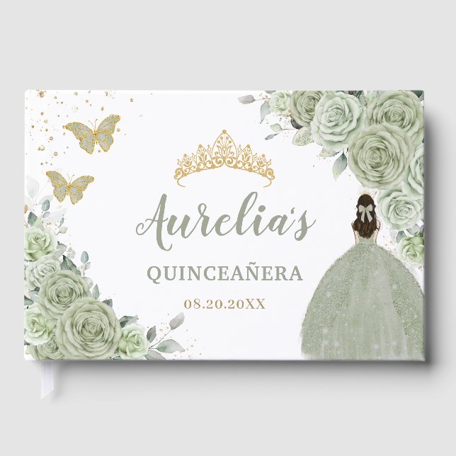 Livro De Visitas Sage Green Floral Rosas Princesa Dourada Quinceañe (Frente)