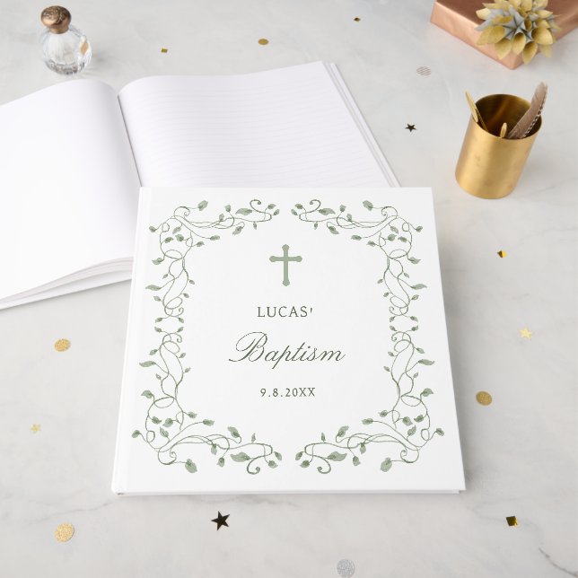 Livro De Visitas Sage Green Foliage Frame Baptism (Frente aberta)