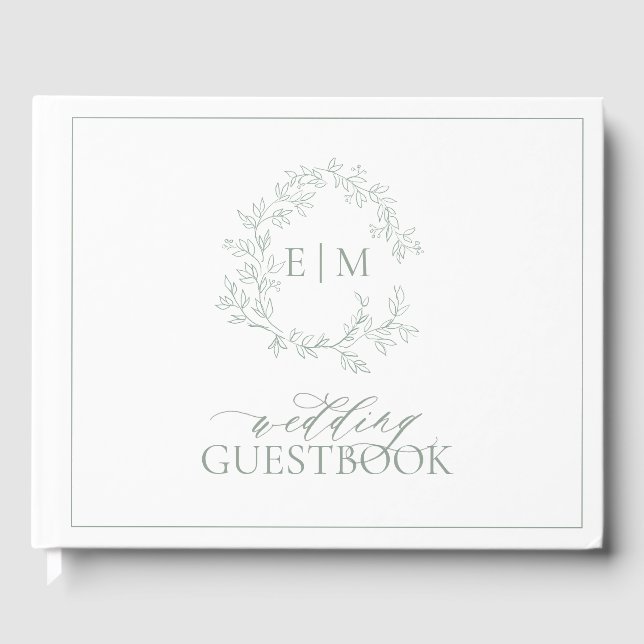 Livro De Visitas Sage Green Leafy Crest Monograma Casamento (Frente)
