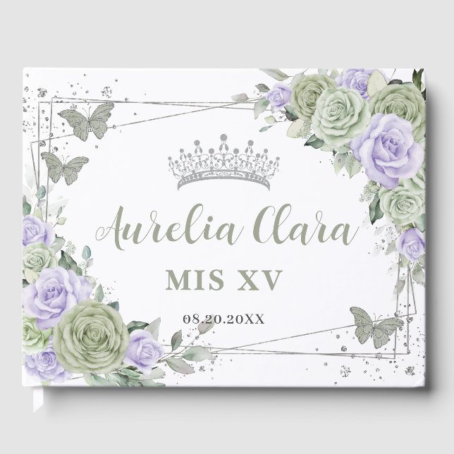 Livro De Visitas Sage Green Purple Borboletas Florais QUINCEAÑERA (Frente)