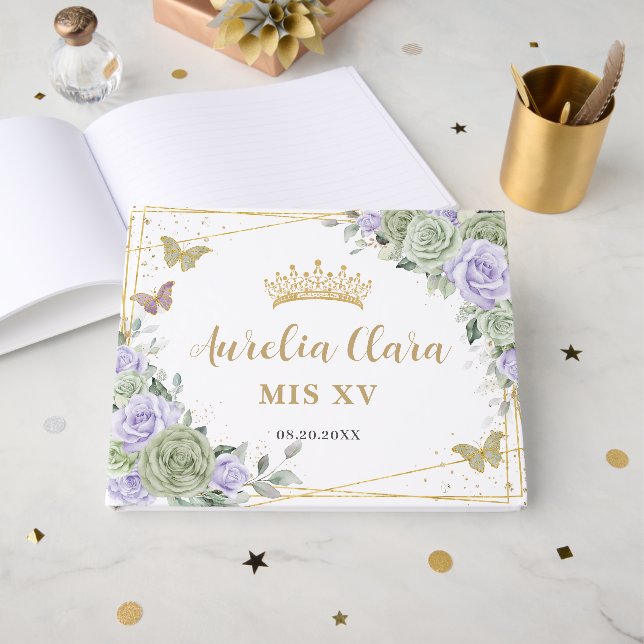 Livro De Visitas Sage Green Purple Floral Butterflies Quinceanera (Frente aberta)