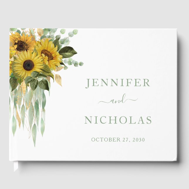 Livro De Visitas Sage Green Script Sunflower Eucalyptus Wedding (Frente)