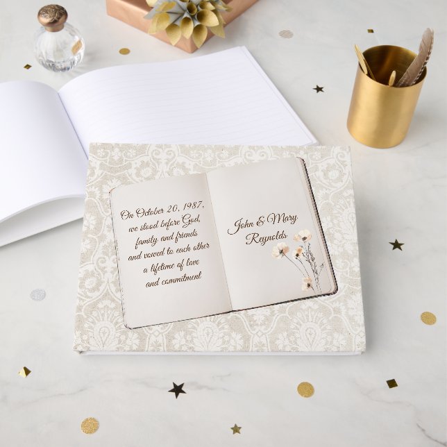 Livro De Visitas Scrapbook On Damask For Anniversary Party (Frente aberta)