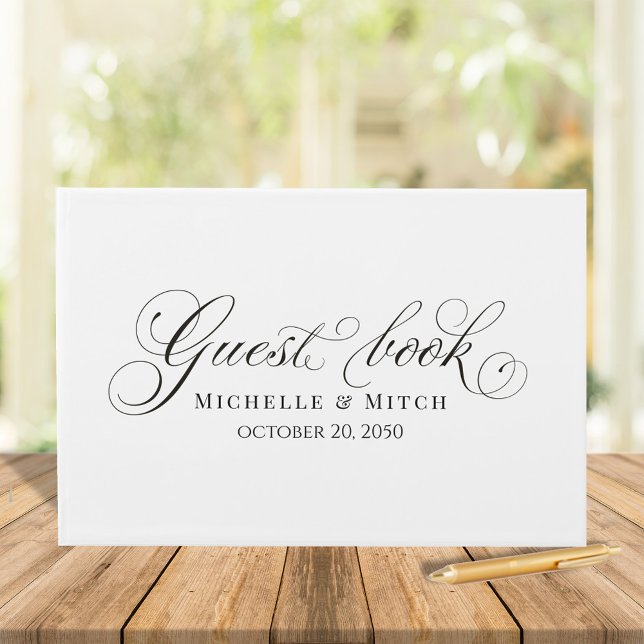 Livro De Visitas Script de Caligrafia Branca e Negra de Casamento E (Wedding guest book simple calligraphy script minimalist black and white. )