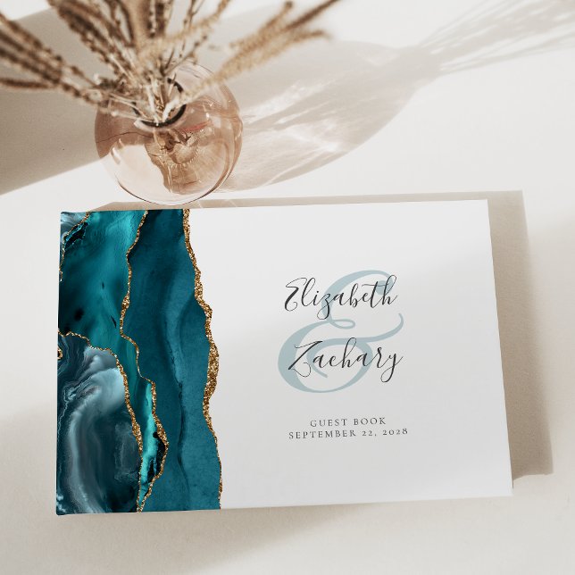 Livro De Visitas Script Dourado de Agate Azul Teal Moderno (Criador carregado)