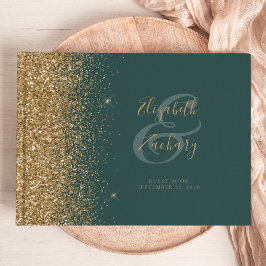 Livro De Visitas Script Moderno com Brilho Dourado e Verde Escuro