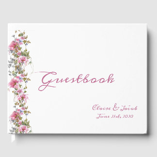 Livro De Visitas Script Romântico de Aquarela Floral Cor-de-Rosa