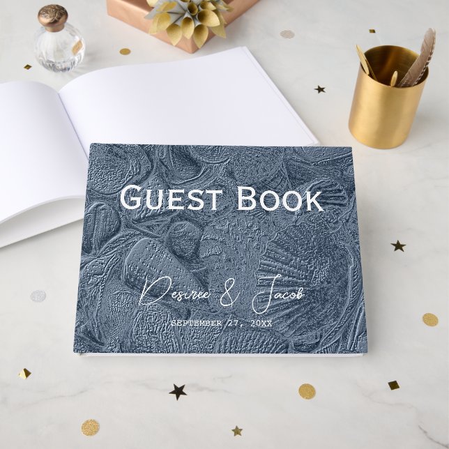 Livro De Visitas Sea Shell Dark Dusty Blue Modern Beach (Frente aberta)
