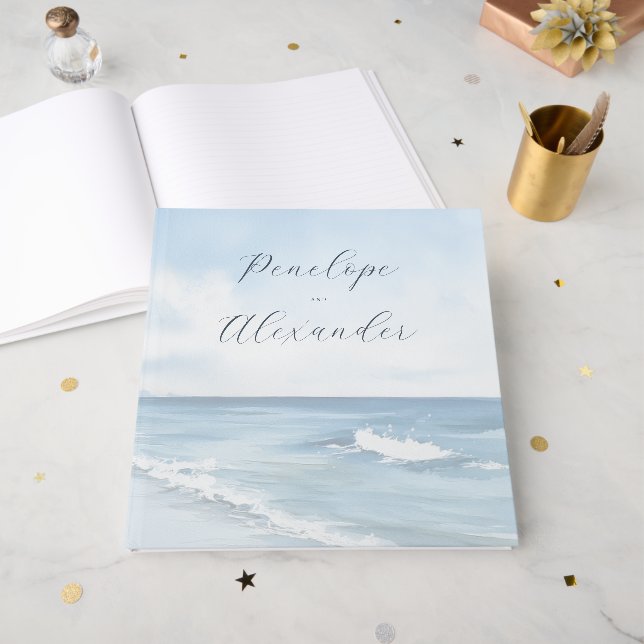 Livro De Visitas Serenas Ondas de Praia em Aquarela Azul (Frente aberta)