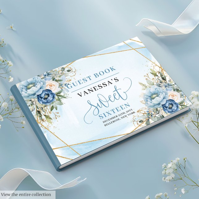 Livro De Visitas Shimmer Dusty Brancos Brancos Brancos Doce Dezesse (Shimmer Dusty Blue White Peonies Sweet Sixteen Guest Book)