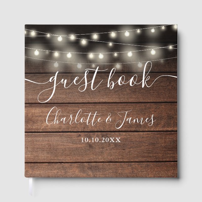 Livro De Visitas Signature Rustic Wood String Lights Wedding (Frente)