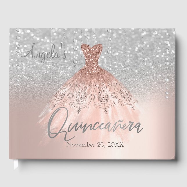 Livro De Visitas Silver Bokeh, Rosa de Quic, Dourado Vestido Quince (Frente)