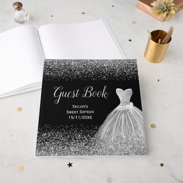 Livro De Visitas Silver Dress Faux Glitter Sweet 16  (Frente aberta)
