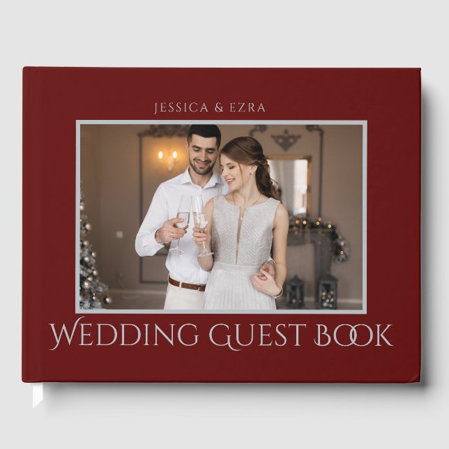 Livro De Visitas Silver e Borgonha de na moda Script | Foto (Frente)
