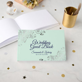 Livro De Visitas Silver Frills Mint Green & Marinho Elegant Weding