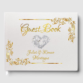 Livro De Visitas Silver Heart on White Pearl with Gold Border