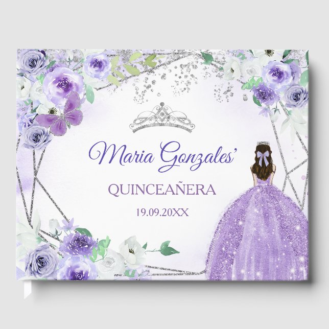 Livro De Visitas Silver & Purple Floral Quinceañera (Frente)