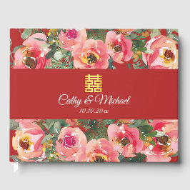 Livro De Visitas Símbolo de dupla felicidade do fundo de flor rosa