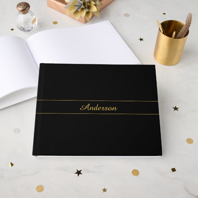 Livro De Visitas Simple Customizable Gold & Black Text Design  (Frente aberta)