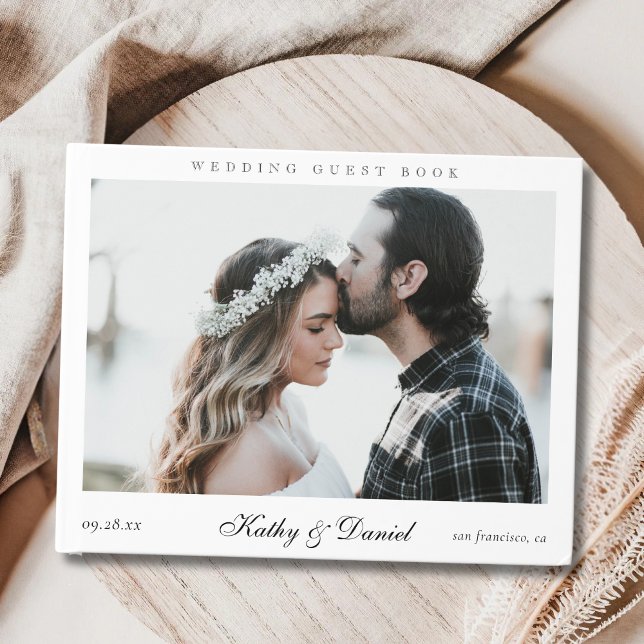 Livro De Visitas Simples Elegância Sofisticada Caligrafia Foto Casa (Chic elegant calligraphy photo wedding guest book captures heartfelt memories with timeless charm)