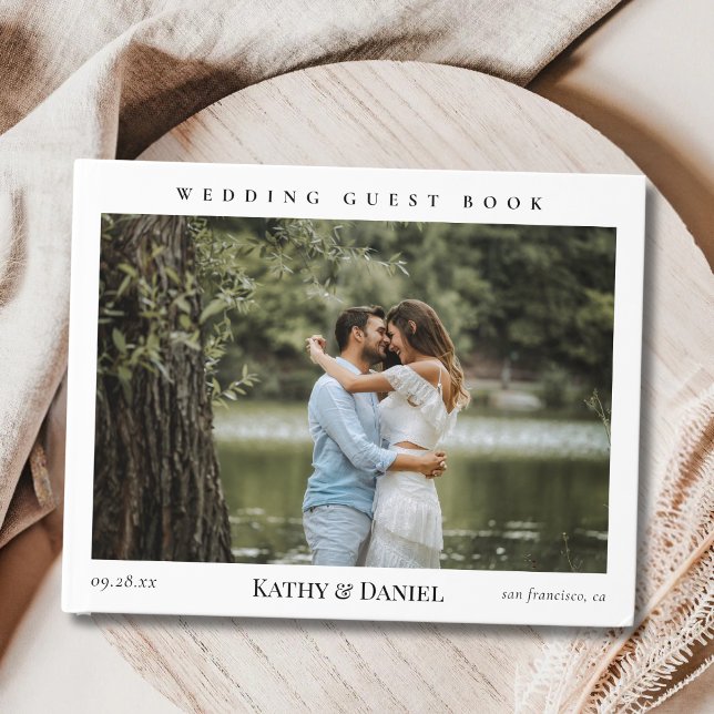 Livro De Visitas Simples Elegância Sofisticada Caligrafia Foto Casa (Chic elegant calligraphy photo wedding guest book preserves heartfelt memories with timeless style)