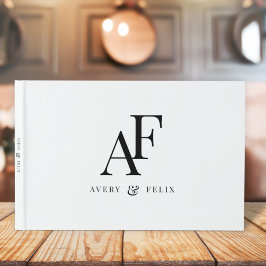 Livro De Visitas Simples Elegante Branco e Preto do Monograma de Ca