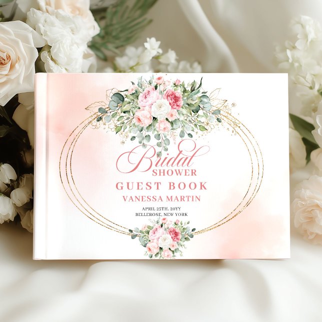 Livro De Visitas Simples Rosas de Blush Boho Greenery Chá de Noiva  (Simple Boho Blush Roses Greenery Bridal Shower Book)