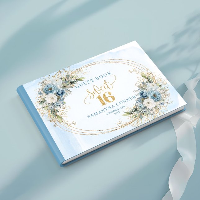 Livro De Visitas Sinal de Convidade Clássico Dusty Blue Floral Swee (Classic Dusty Blue Floral Sweet 16th Guest Sign Book)