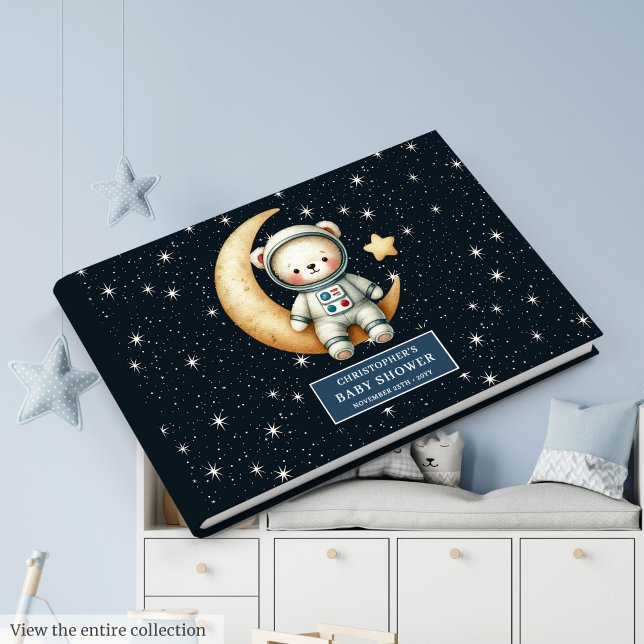Livro De Visitas Sinal de Convidado do Astronauta do Urso Azul (Blue Teddy Bear Astronaut Baby Boy Guest Sign)