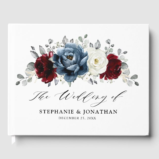 Livro De Visitas Slate Blue Burgundy White Ivory Floral Casamento (Frente)