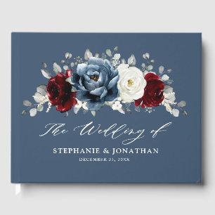 Livro De Visitas Slate Blue Burgundy White Ivory Floral Wedch Gu