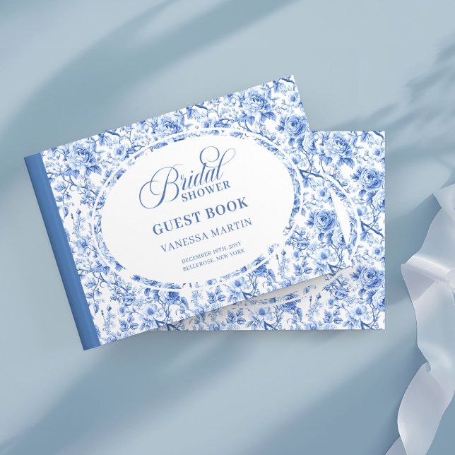 Livro De Visitas Sofisticado Toile Floral Azul Marinho Chá de Bebê  (Sophisticated Navy Blue Floral Toile Bridal Guestbook)