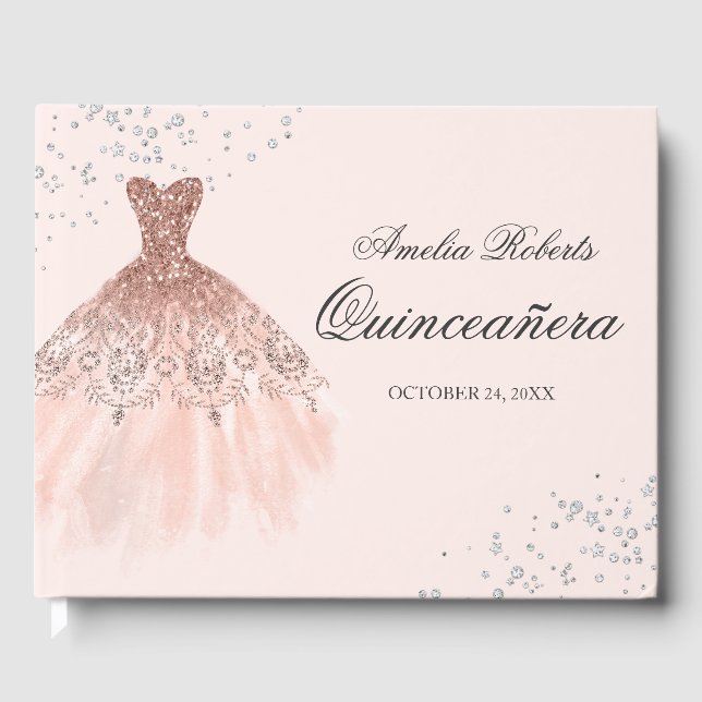 Livro De Visitas Sparkle Dress Rosa da Quinceanera Dourada (Frente)