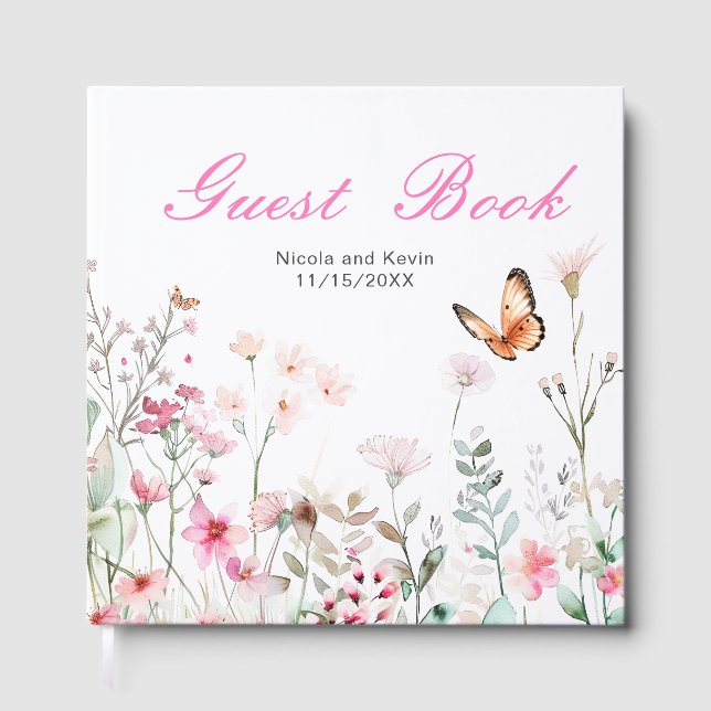 Livro De Visitas Spring Deep Pink Butterfly Floral Wedding (Frente)