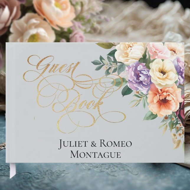 Livro De Visitas Spring Floral & Wreath Monogram - Silver (Criador carregado)