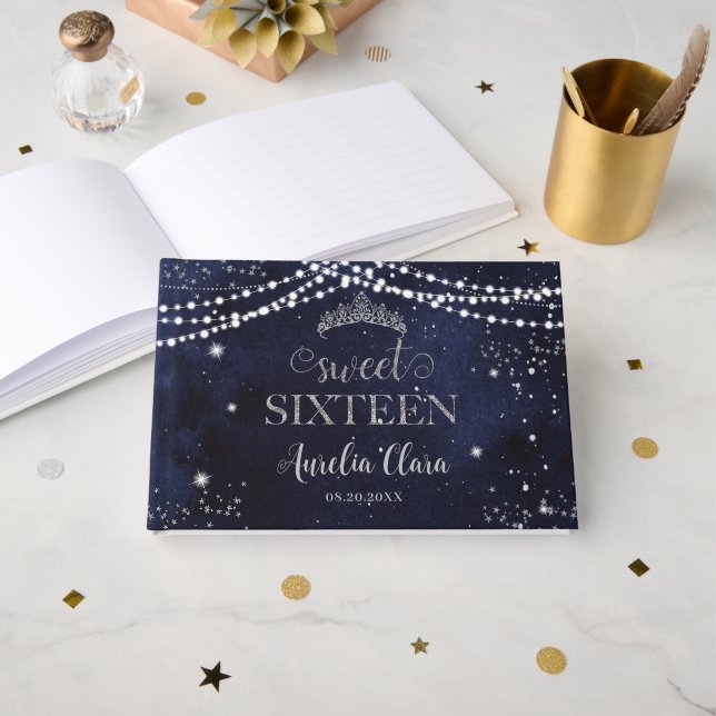 Livro De Visitas Starry Night Navy Blue Silver Sweet 16 Birthday (Frente aberta)