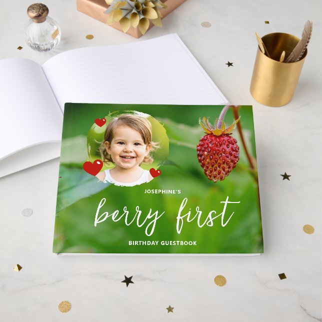 Livro De Visitas Strawberry Kid's Custom Photo Berry First Birthday (Frente aberta)