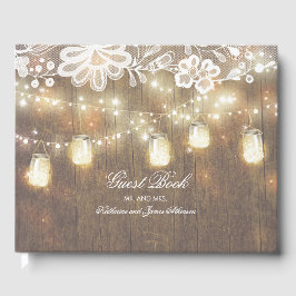 Livro De Visitas String Lights e Mason Jar Lace e Wood Weding