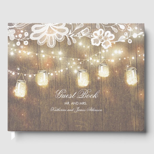Livro De Visitas String Lights e Mason Jar Lace e Wood Weding (Frente)