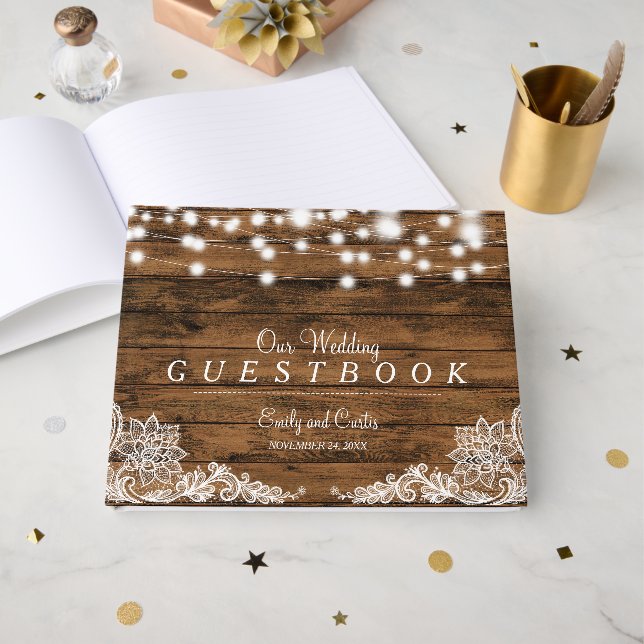 Livro De Visitas String Lights Wood and Lace | Casamento (Frente aberta)