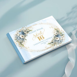 Livro De Visitas Stylish Blue and Gold Greenery Sweet Sixteen Guest
